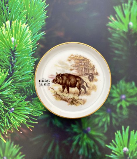 Wandteller Herr Fuchs nütze ja nix Typo Wildschwein mini 10cm Gold vintage