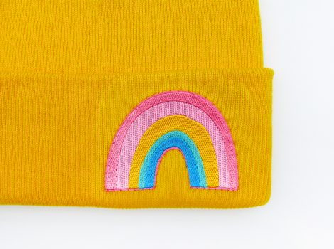 Mütze Gelb  Regenbogen Beanie Herr Fuchs Patch rosa – Bild 2