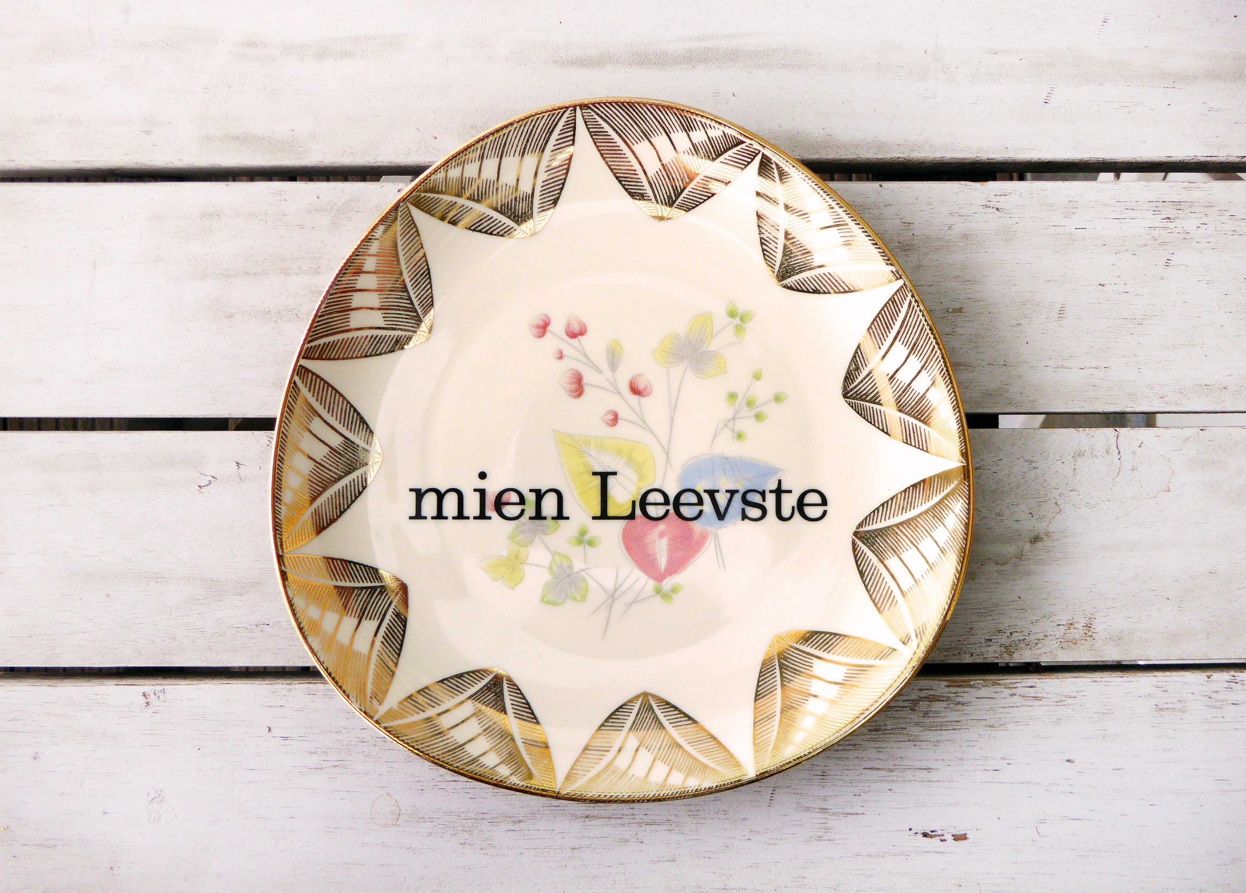 Wandteller Typo mien Leevste vintage Herr Fuchs Teller Gold Blumen 20cm eckig