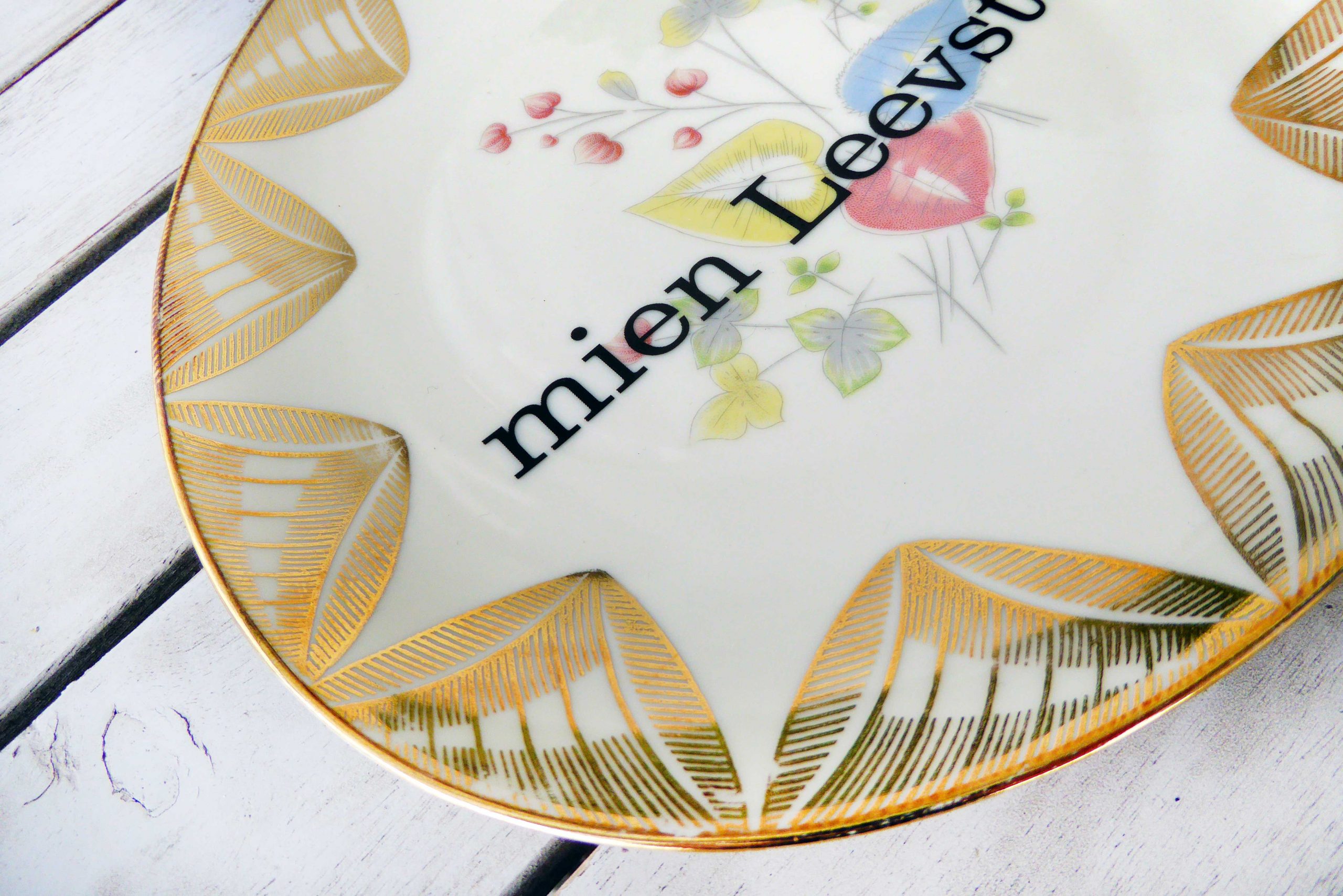 Wandteller Typo mien Leevste vintage Herr Fuchs Teller Gold Blumen 20cm eckig – Bild 2