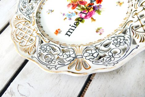Wandteller mien Leevste Herr Fuchs  Blumen Unikat Gold 18cm Durchbruch – Bild 2