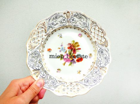 Wandteller mien Leevste Herr Fuchs  Blumen Unikat Gold 18cm Durchbruch