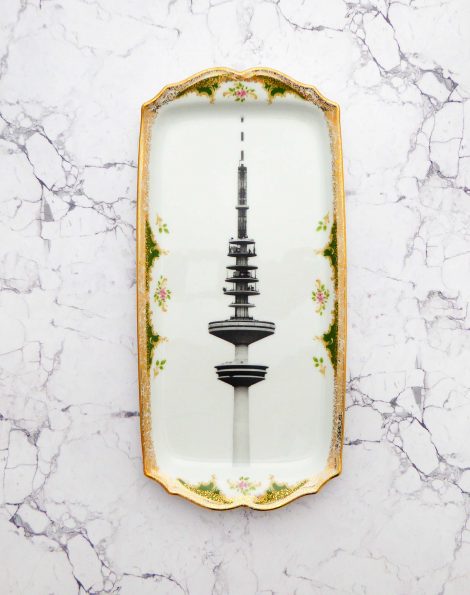Wandteller Platte Herr Fuchs Hamburger Fernsehturm grün/gold Wohnen 34cm vintage