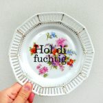 Wandteller Typo Hol di fuchtig vintage Herr Fuchs Teller Gold Blumen 17cm Durchbruch