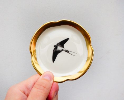 Wandteller Schwalbe Vogel Herr Fuchs mini 9cm gold Wohnen vintage Bögen – Bild 4