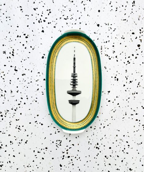 Wandteller Platte Herr Fuchs Hamburger Fernsehturm grün/gold Unikat Muster 20cm