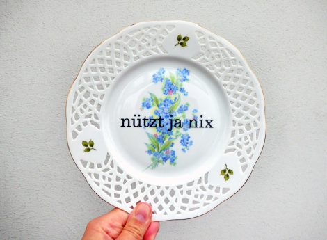 Wandteller Herr Fuchs Typo Nützt ja nix Wohnen Unikat Blumen Gold 19cm Vergissmeinnicht