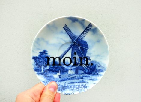 Wandteller moin. Typo Herr Fuchs 13cm Mühle blau Gänse