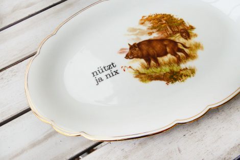Wandteller Platte Herr Fuchs Typo nützt ja nix 28cm Wildschwein gold Bögen – Bild 3
