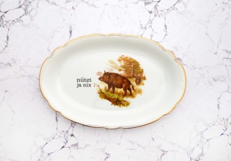 Wandteller Platte Herr Fuchs Typo nützt ja nix 28cm Wildschwein gold Bögen
