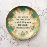 Wandteller Typo Glück vintage Herr Fuchs Teller plattdeutsch Unikat petrol/gold 19cm Blume