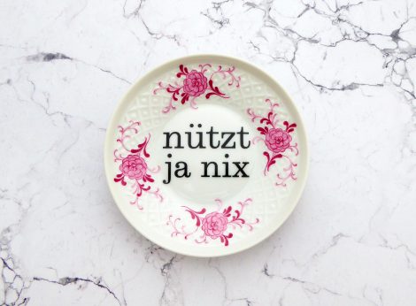 Wandteller Typo nützt ja nix Herr Fuchs mini 11cm rosa lila Blumen vintage