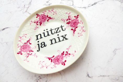 Wandteller Typo nützt ja nix Herr Fuchs mini 11cm rosa lila Blumen vintage – Bild 2