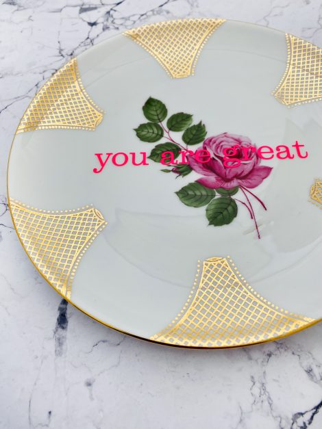 Wandteller you are great Herr Fuchs Blumen 19cm neonpink vintage wohnen rosa Gold – Bild 2