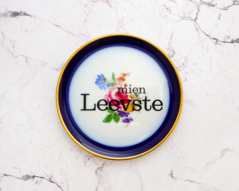 Wandteller Herr Fuchs Typo mien Leevste gold/blau Blumen plattdeutsch mini 10cm