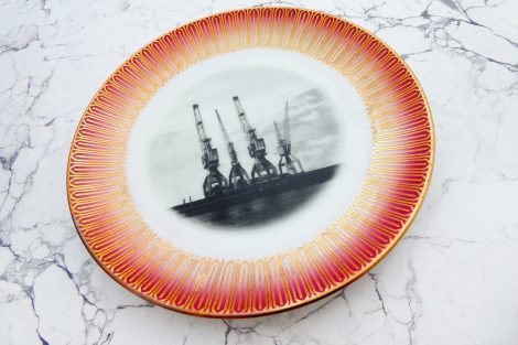 Wandteller Teller Herr Fuchs Hamburger Hafen Kräne rosa/pink/gold Muster 19cm vintage – Bild 3
