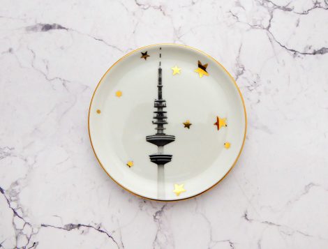 Wandteller Herr Fuchs Hamburger Fernsehturm Gold  mini 10cm Heinrich-Hertz-Turm Sterne
