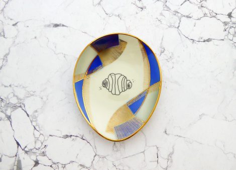 Wandteller Franzbrötchen vintage Herr Fuchs Teller Blau Gold 12cm Hamburg Wohnen oval