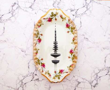 Wandteller Platte Herr Fuchs Hamburger Fernsehturm rosa/gold Wohnen 30cm vintage Blume