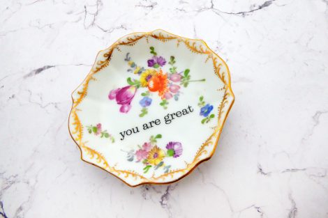 Wandteller you are great vintage Herr Fuchs Teller  mini 10cm Blumen gold Bunt Ecken – Bild 2