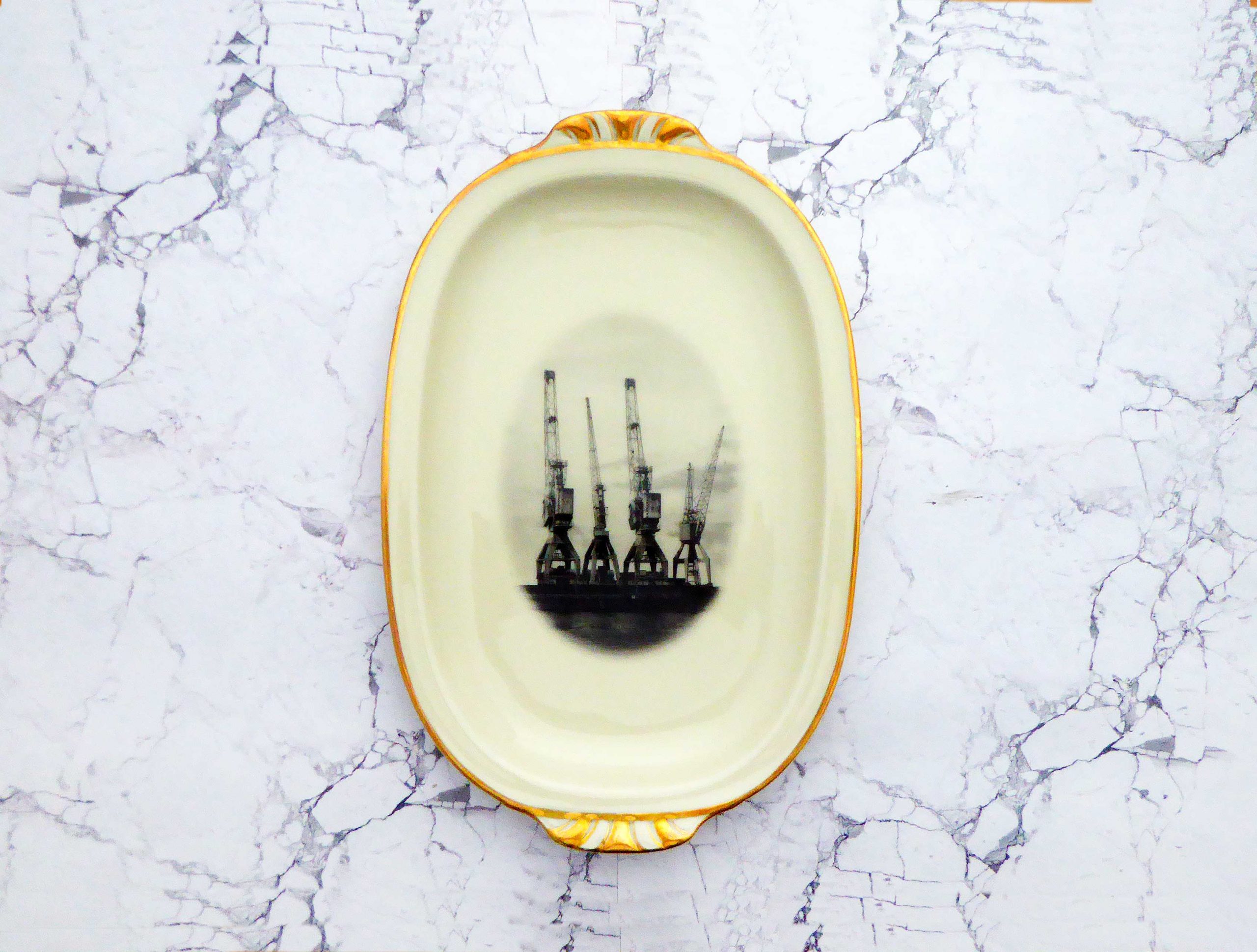 Wandteller Platte Herr Fuchs Hamburger Kräne gold Wohnen vintage 32cm