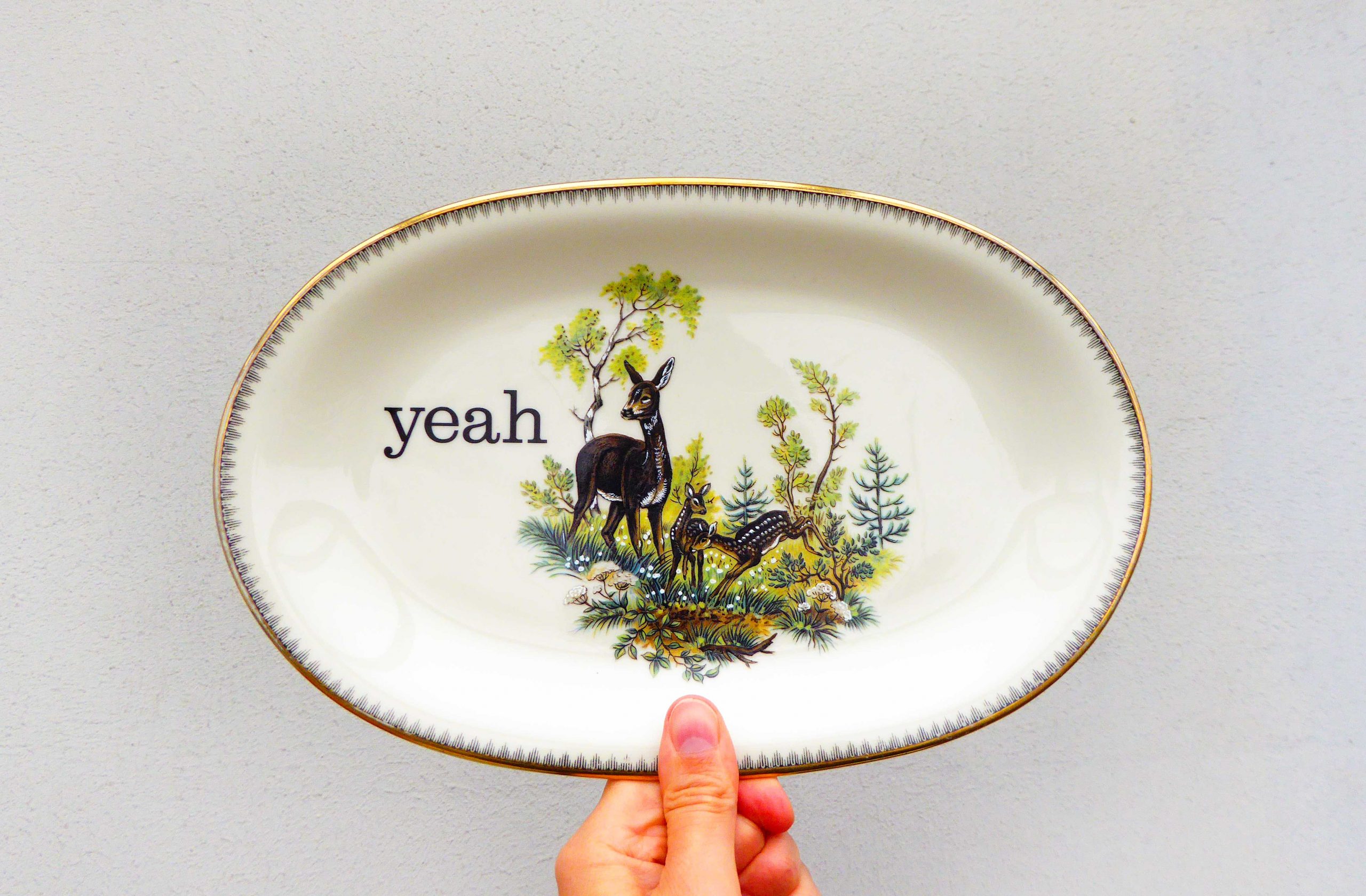 Wandplatte Herr Fuchs Typo yeah 27cm Reh gold Wohnen Wald vintage Rehe